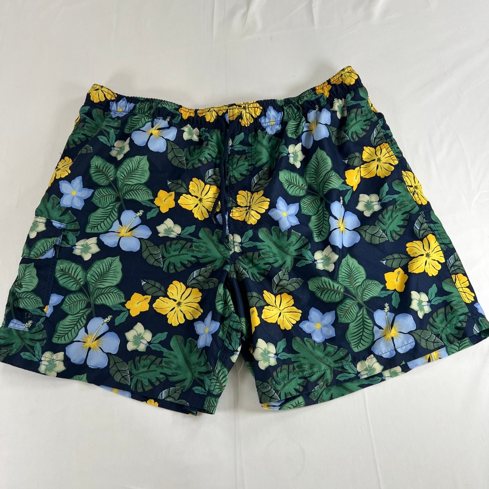 Trader Bay Mens 2XL Swim Trunks Floral Hibiscus Tropical Navy Blue Board Shorts